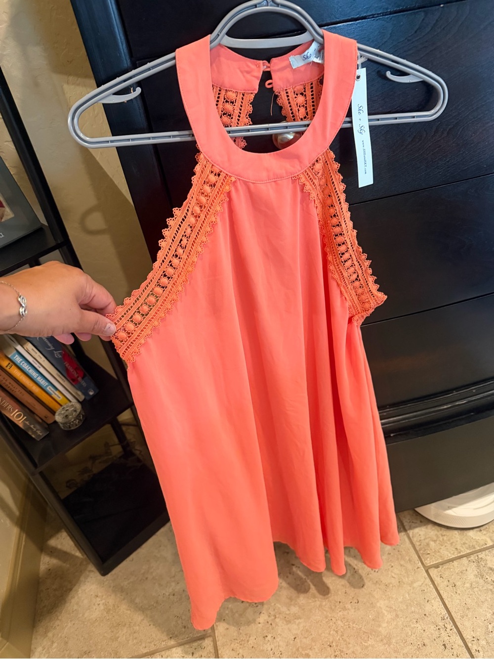 She + Sky Coral Sleeveless Lace-Trim Halter Dress